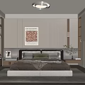 Modern Bedroom Interior Design With Comfortable Bed Decorative Painting Bookshelves And Wardrobe