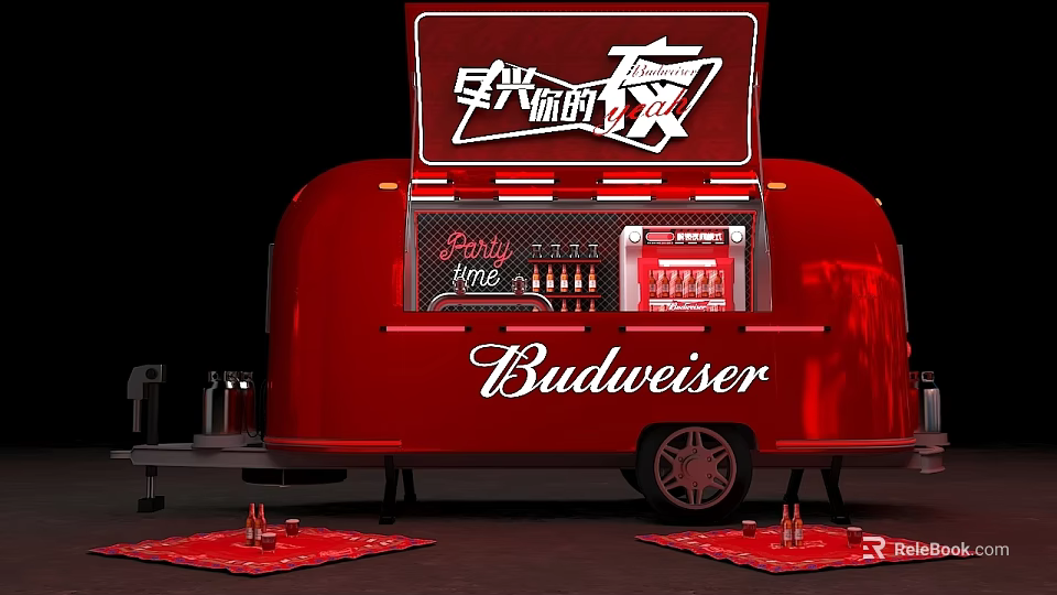 Red Trailer Style Mobile Budweiser Cart With Early Time Sign And Beer Bottles 3d model 