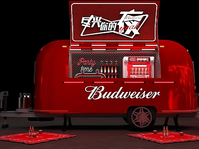 Red Trailer Style Mobile Budweiser Cart With Early Time Sign And Beer Bottles 3d model