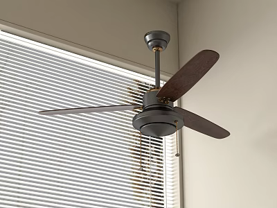 Ceiling Fan With Wooden Blades Installed Near Window Blinds In Modern Room 3d model