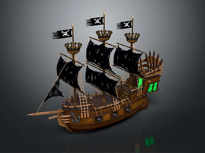 Pirate Themed Wooden Ship With Black Sails And Skull Flags And Green Windows 3d model