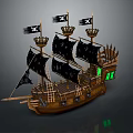 Pirate Themed Wooden Ship With Black Sails And Skull Flags And Green Windows