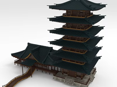 Traditional Chinese Ancient Architecture Featuring Multi Story Pagoda Black Roof And Wooden Structure 3d model