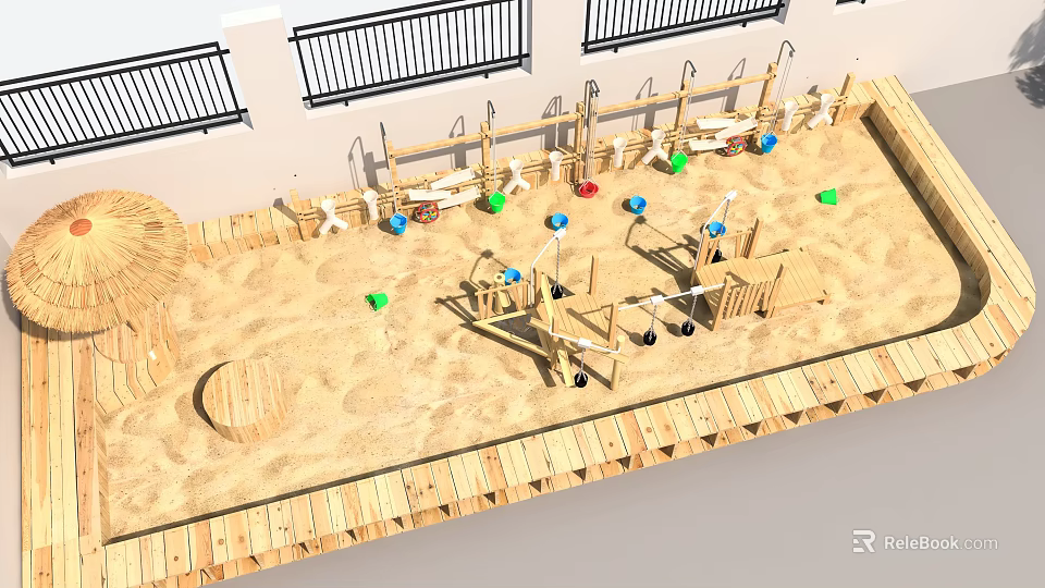 School Playground Sand Area With Wooden Climbing Frames And Colorful Toys 3d model 