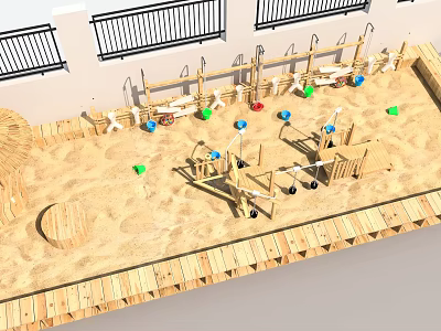 School Playground Sand Area With Wooden Climbing Frames And Colorful Toys 3d model