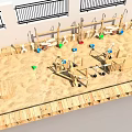 School Playground Sand Area With Wooden Climbing Frames And Colorful Toys