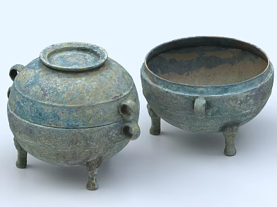 Two Antique Ceramic Vessels With Textured Surface Handles Lidded Design And Tripod Feet 3d model