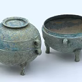 Two Antique Ceramic Vessels With Textured Surface Handles Lidded Design And Tripod Feet