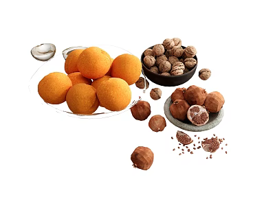 Fresh Oranges Walnuts And Chocolate Truffles On White Display Platters 3d model