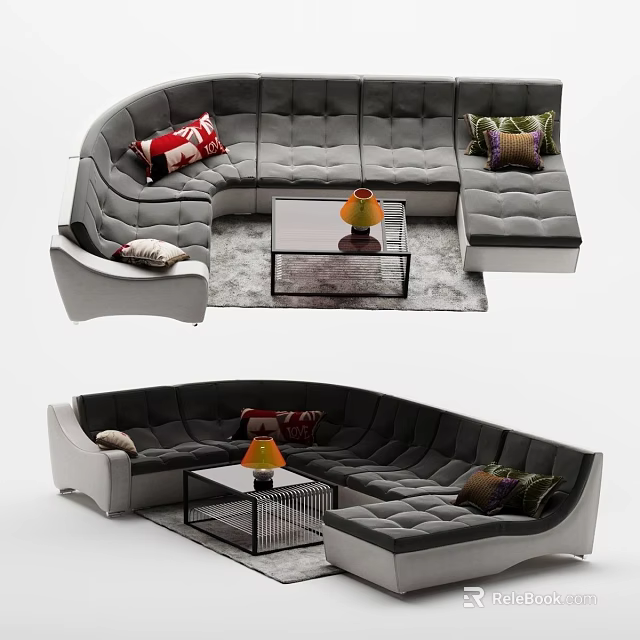 Curved Sectional Sofa With Colorful Throw Pillows And Coffee Table Decorative Vase 3d model 