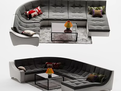 Curved Sectional Sofa With Colorful Throw Pillows And Coffee Table Decorative Vase 3d model