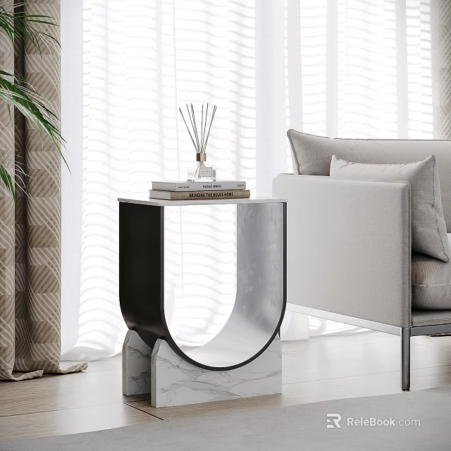 Modern U Shaped Side Table With Marble Base Black Metal Frame And Sofa Decorative Items 3d model