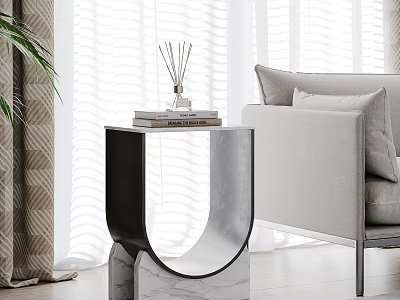 Modern U Shaped Side Table With Marble Base Black Metal Frame And Sofa Decorative Items 3d model