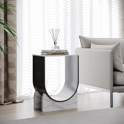 Modern U Shaped Side Table With Marble Base Black Metal Frame And Sofa Decorative Items 3d model