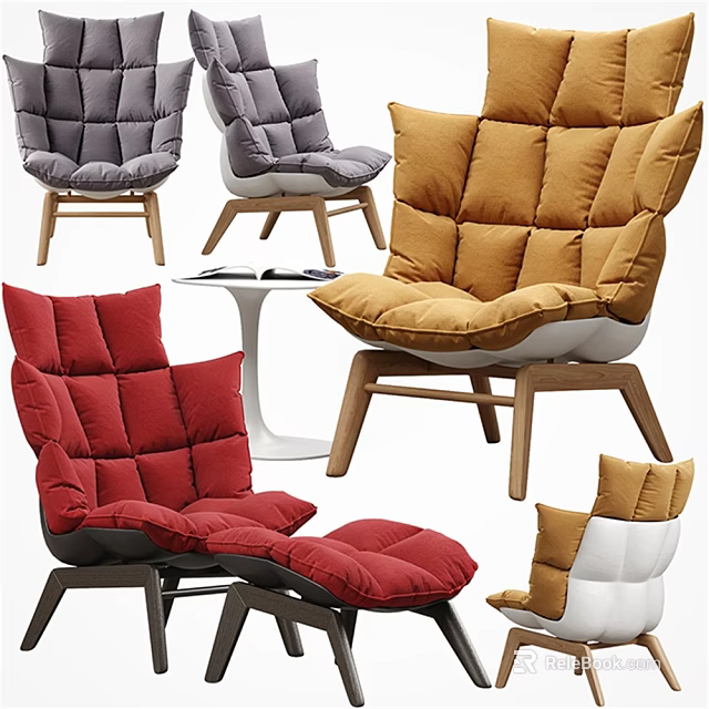 Stylish Modern Lounge Chairs With Red Yellow Gray Colors And Wooden Legs 3d model 