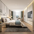 Hotel Guest Room Modern Interior With Comfortable Bed Wooden Elements And Decorative Paintings