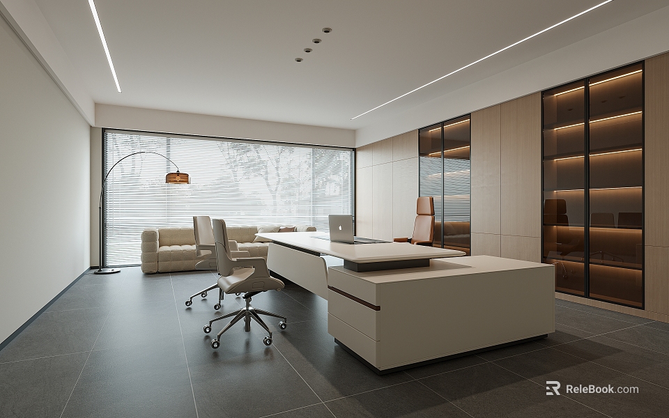 Modern Office Interior Design With White Desk Office Chairs And Large Windows 3d model 