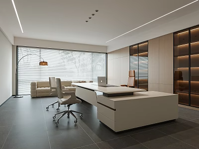 Modern Office Interior Design With White Desk Office Chairs And Large Windows 3d model