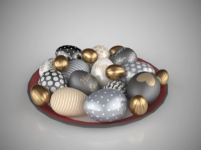 Colorful Decorative Easter Eggs On Red Plate With Gold Silver Polka Dot And Striped Designs 3d model