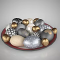 Colorful Decorative Easter Eggs On Red Plate With Gold Silver Polka Dot And Striped Designs