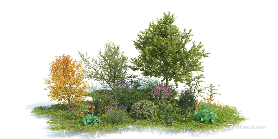 Diverse Garden Trees with Green and Yellow Foliage Shrubs Purple Flowers and Grass 3d model 