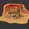 Cartoon Scene of Orange Hut Red Roof Wooden Table Clay Pots Colorful Decorations Hanging Masks