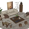 Natural Beige Sofa And Wooden Coffee Table With Round Rug Green Plant Decorative Painting