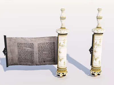 Antique White Pillars With Intricate Golden Patterns And Old Scroll With Text 3d model
