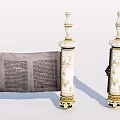 Antique White Pillars With Intricate Golden Patterns And Old Scroll With Text