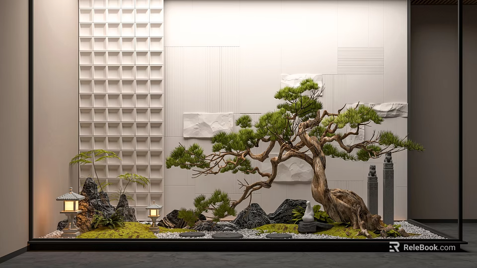 Traditional Chinese Garden Landscape With Bonsai Pine Tree Rock Formations And Stone Lanterns 3d model 