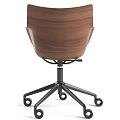 Modern Office Chair With Wooden Backrest Black Leather Seat And Swivel Base