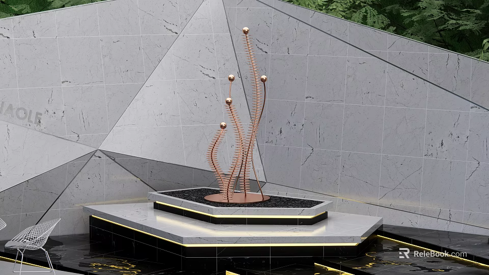Modern Copper Sculpture with Curved Structure on Black Base Against Gray Geometric Wall 3d model 