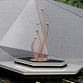 Modern Copper Sculpture with Curved Structure on Black Base Against Gray Geometric Wall