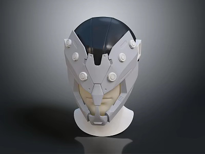 Futuristic Gray And Black Helmet With Circular Details On Display Stand 3d model