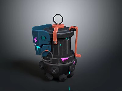 Futuristic Weapon With Blue Orange Purple Neon Accents Mechanical Handle Top Ring And Black Body 3d model