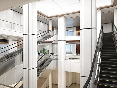 Modern Hospital Outpatient Clinic Lobby With Spacious Interior White Columns Staircase Windows And Green Plants 3d model