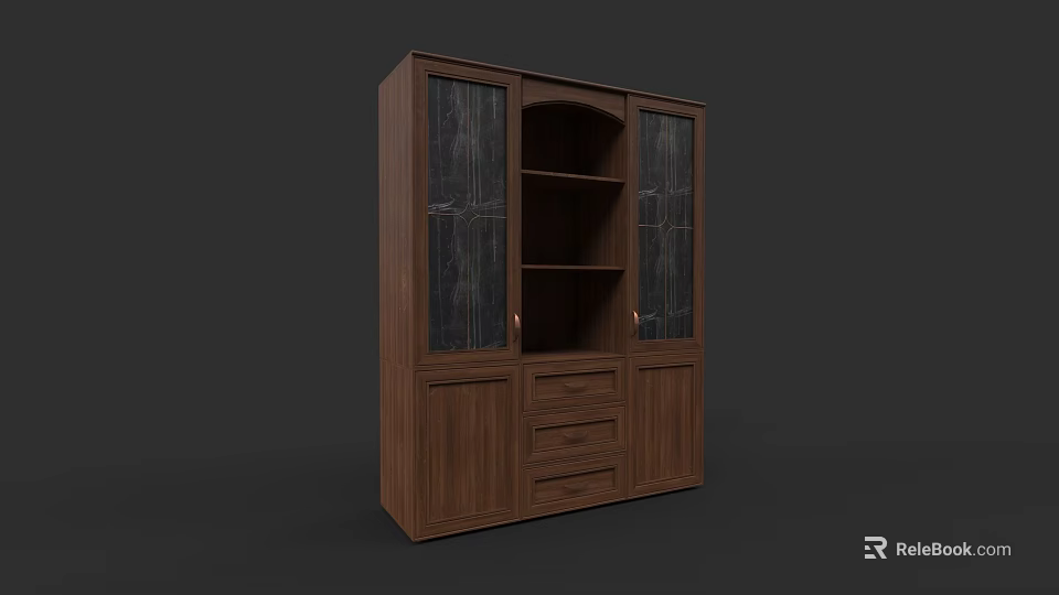 Modern Wooden Sideboard Cabinet With Glass Doors Open Shelves And Drawers 3d model 