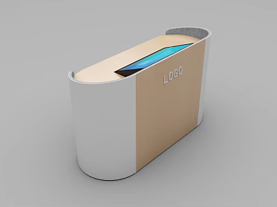 Modern Functional Desk With Wooden Panel White Sides Logo And Blue Display Screen 3d model