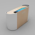 Modern Functional Desk With Wooden Panel White Sides Logo And Blue Display Screen