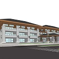 Modern Office Building With Stone Facade Flat Roof And Green Trees Around