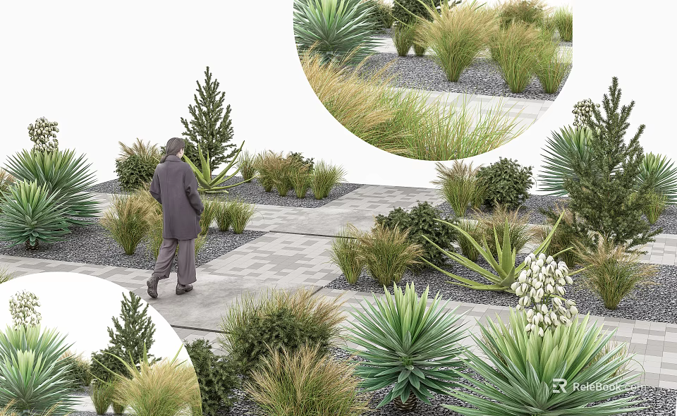 Scenic Garden Pathway With Person Walking Among Grasses Shrubs and Plants 3d model 