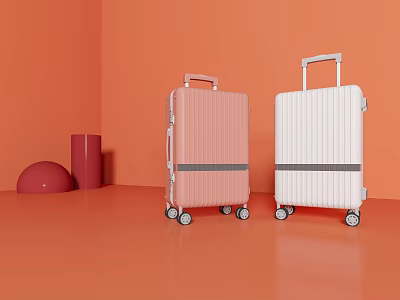 Stylish Pink And White Ribbed Suitcases With Wheels On Orange Background 3d model