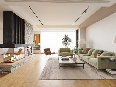 Modern Living Room Interior With Green Sofa Fireplace Wooden Floor And Large Window 3d model