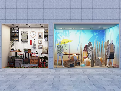Vintage and Beach Theme Store Window Display with Clocks Shelves Plants Beach Umbrella Surfboards and Mannequins 3d model