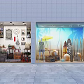 Vintage and Beach Theme Store Window Display with Clocks Shelves Plants Beach Umbrella Surfboards and Mannequins