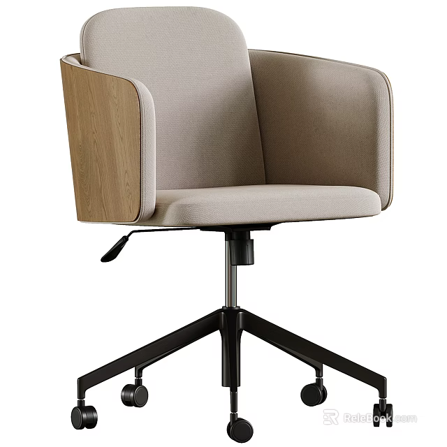 Modern Light Gray Office Chair With Wooden Armrests Black Five Star Base And Wheels 3d model 