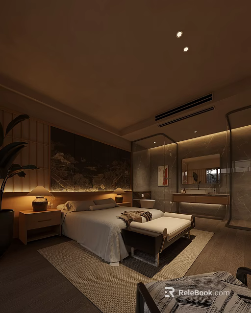 Elegant Hotel Guest Room Interior With White Linen Bed Wooden Nightstands And Marble Vanity 3d model 