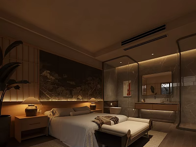 Elegant Hotel Guest Room Interior With White Linen Bed Wooden Nightstands And Marble Vanity 3d model