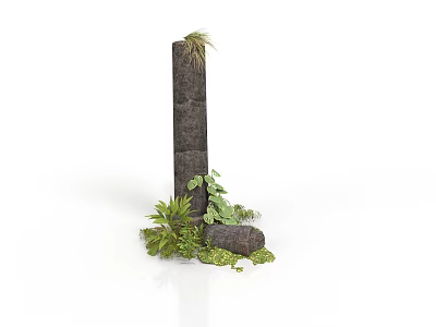 Modern Stone Pillar Display With Stacked Dark Stones And Surrounding Green Plants 3d model