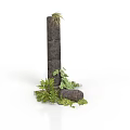 Modern Stone Pillar Display With Stacked Dark Stones And Surrounding Green Plants